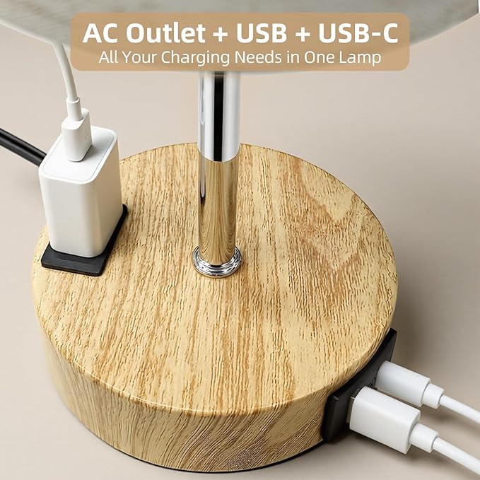 Lámpara de mesa para mesita de noche, táctil de alta sensibilidad, lámpara de noche regulable de 3 niveles con salida de CA | USB | y USB-C, lámpara de noche ideal para dormitorio, lectura, sala de estar (madera y madera)