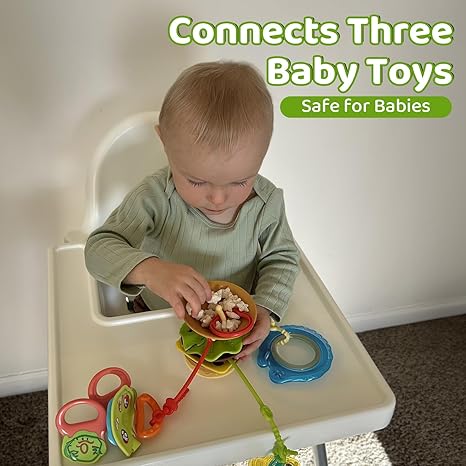 Aprilwolf Hamburger - Soporte de juguetes con ventosa para silla alta, cochecito, juguetes de bebé de 6 a 12 meses y niños pequeños, 3 correas evitan que se caigan, ideal para restaurante y asiento de