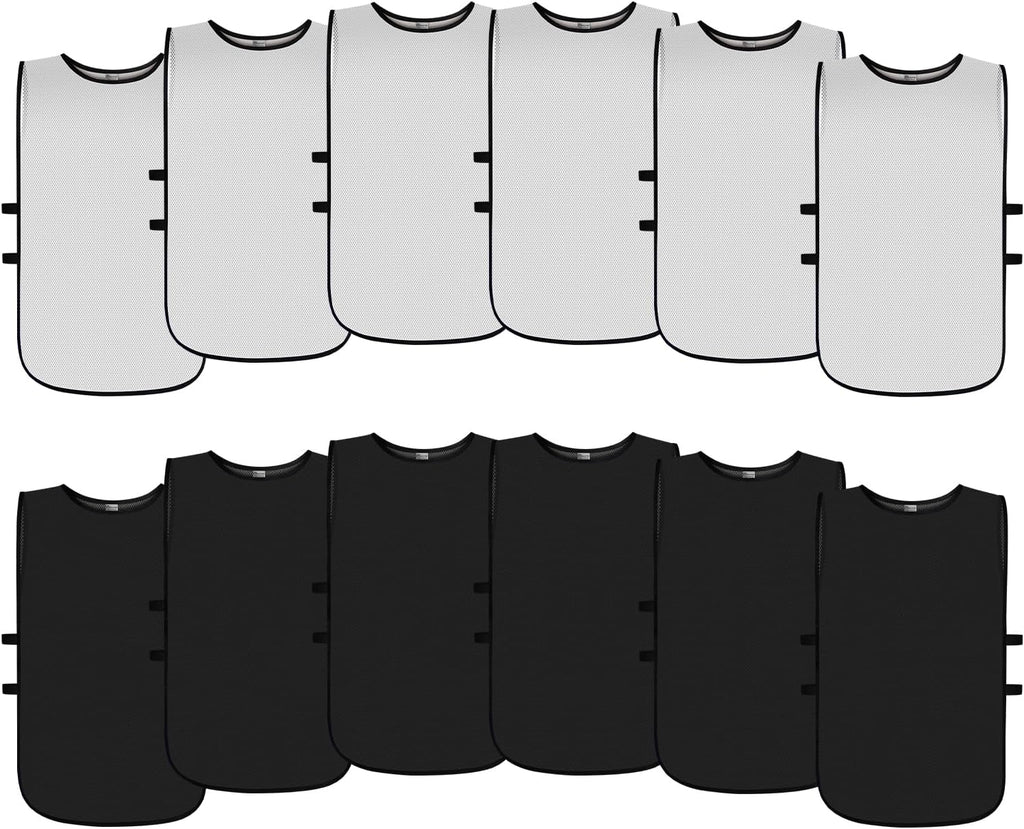 Graunton Petos de Malla para Entrenamiento Deportivo, Pack de 12 | Chalecos de Practica para Ninos, Jovenes y Adultos, Talla S (6 Blancos + 6 Negros)