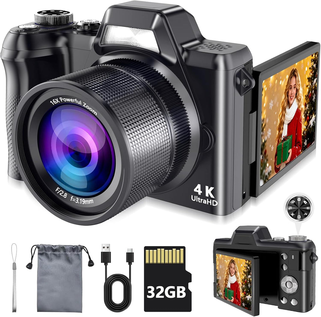 Camara Digital 4K para Fotografia y Vlogging | 56MP | Pantalla Abatible 180 grados | Zoom 16X | 32GB Incluida