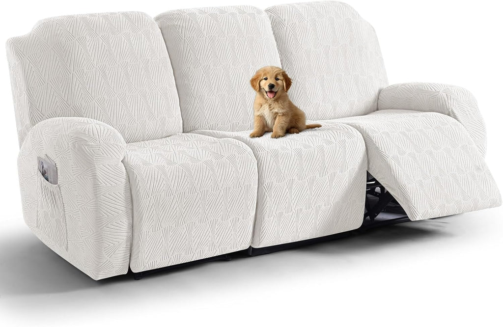 Funda para sillón reclinable VANSOFY, 8 piezas, elástica, de jacquard suave, con parte inferior elástica, ideal para niños y mascotas (3 plazas, blanco porcelana).