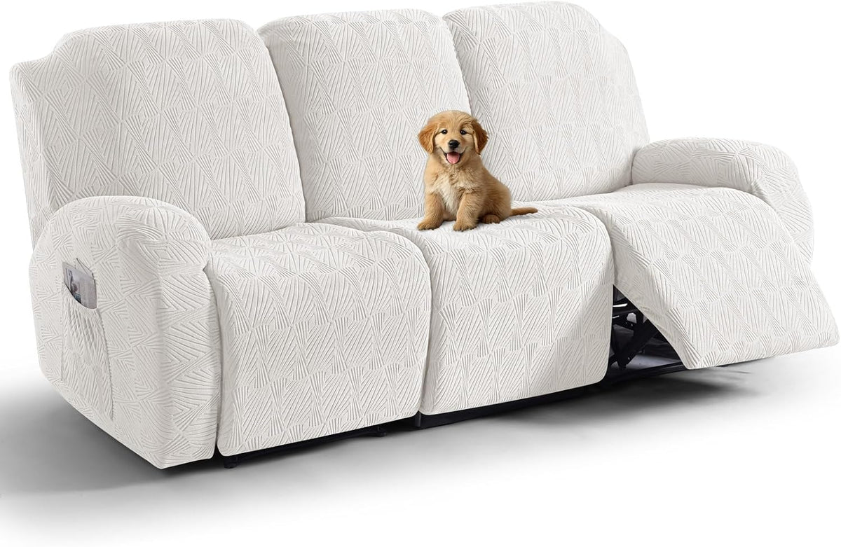 Funda para sillón reclinable VANSOFY, 8 piezas, elástica, de jacquard suave, con parte inferior elástica, ideal para niños y mascotas (3 plazas, blanco porcelana).