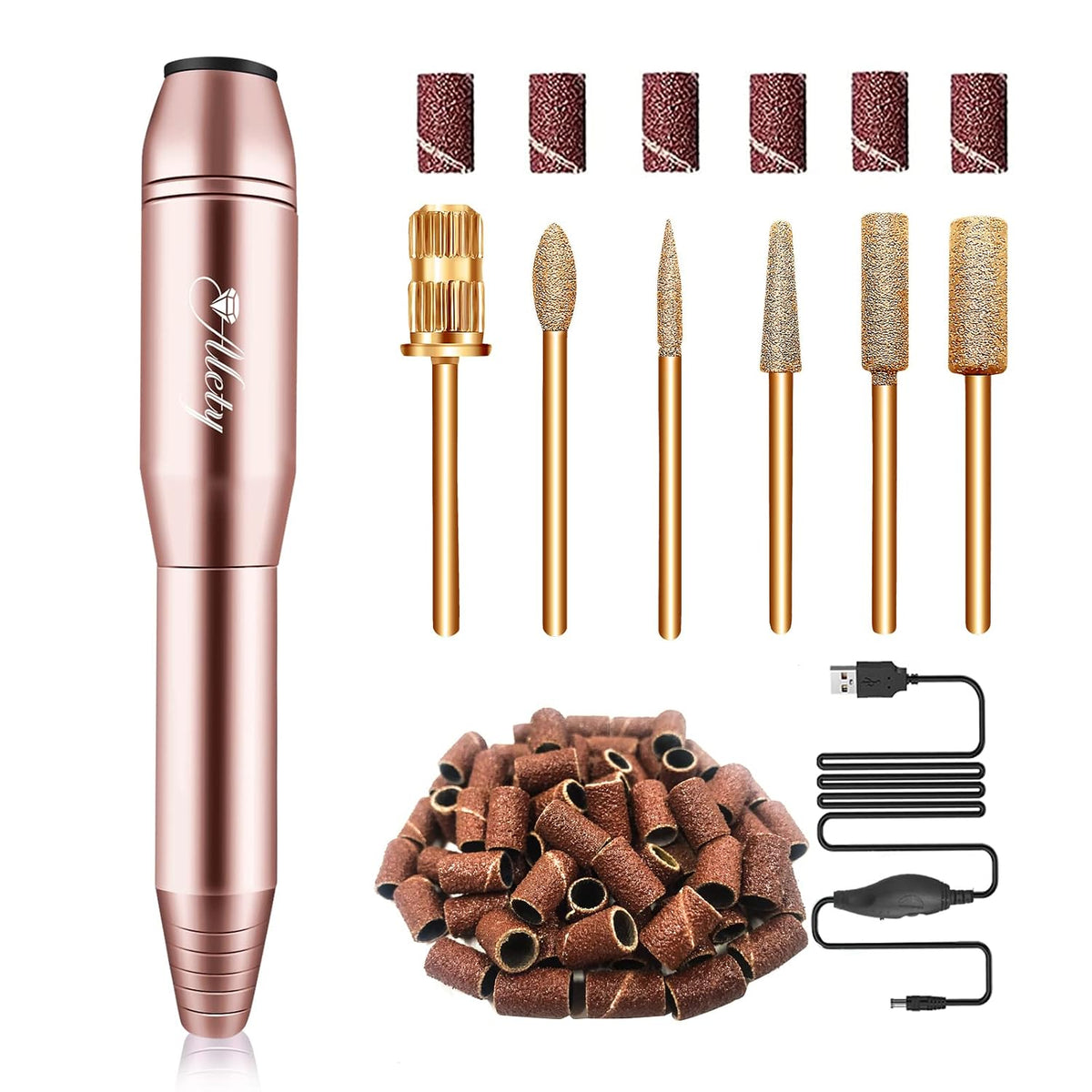 Kit de Taladradora de Uñas Eléctrica Alety - Limador Portátil para Uñas Acrílicas y Gel, Máquina Profesional Efile Herramientas de Manicura Pedicura con Brocas de Oro para Uso en Casa y Salón