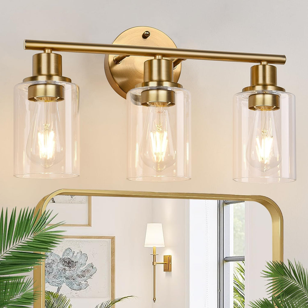 Lámpara de baño dorada de 3 luces con vidrio transparente