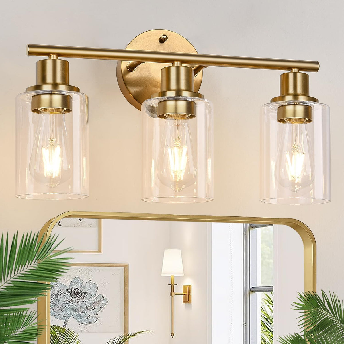 Lámpara de baño dorada de 3 luces con vidrio transparente