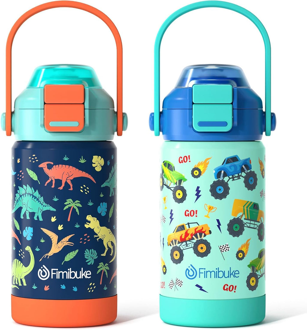 Botella de agua isotérmica Fimibuke para niños con pajita y boquilla abatibles, tapa 2 en 1, 414 ml, a prueba de fugas, de acero inoxidable 18/8, vaso térmico al vacío, libre de BPA, ideal para viajes, escuela, niñas, niños y bebés (paquete de 2).