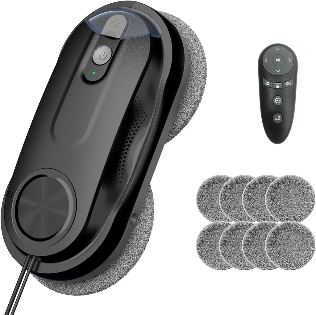 Robot Limpiador de Ventanas KKI | Automático con Doble Spray | Succión Máx. 3200Pa | Planificación de Ruta con IA y Detección de Bordes | Control Remoto | Incluye 10 Paños | X3 Negro