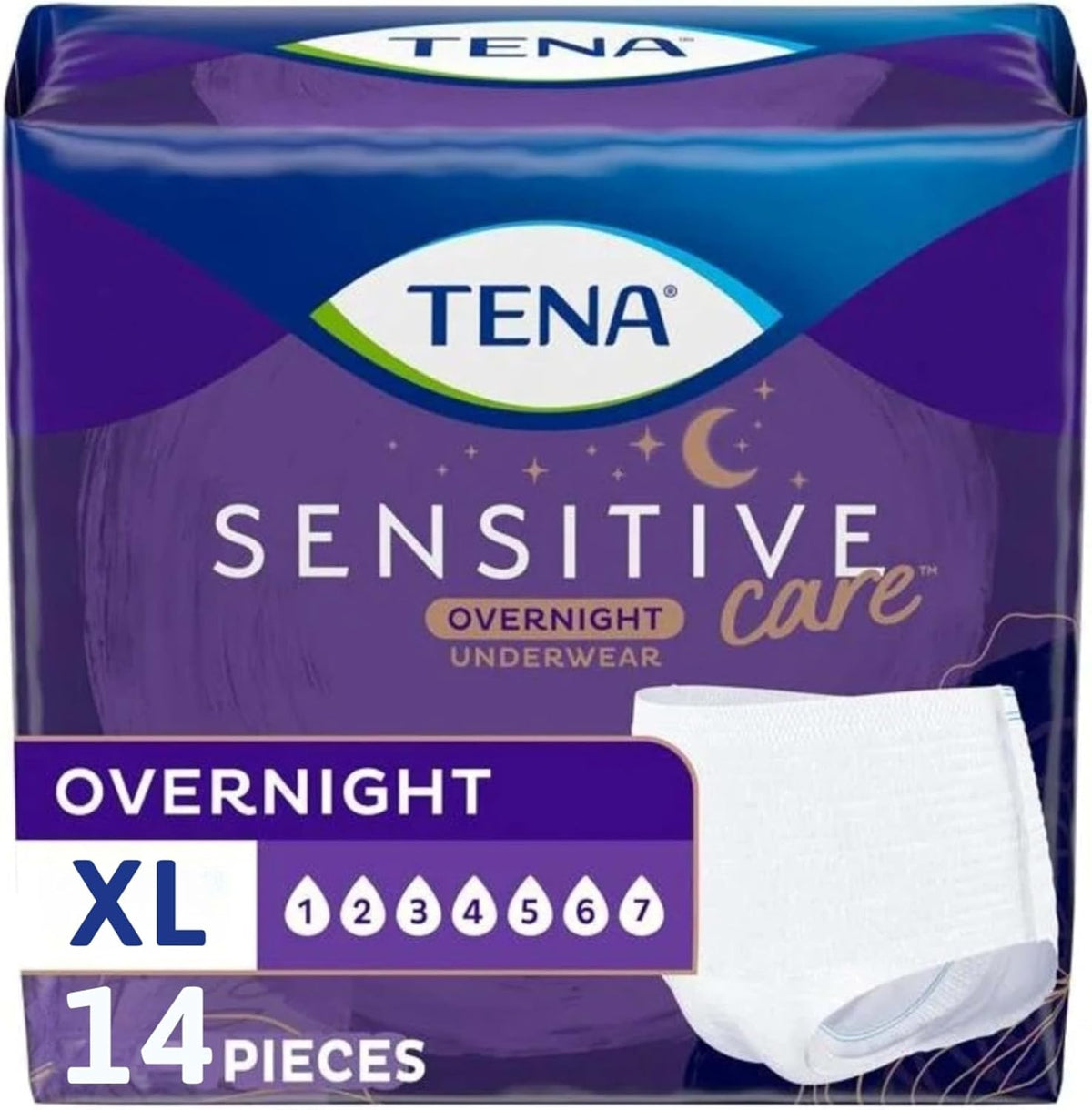 Ropa interior para incontinencia nocturna TENA Sensitive Care para mujeres, pañales para adultos, talla extragrande (cintura de 99 cm a 132 cm), mejor ajuste, paquete de 14 unidades.