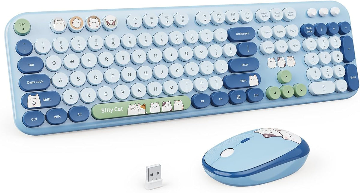 Combo de teclado y ratón inalámbricos, teclados retro de tamaño completo de 2,4 GHz, teclado de ordenador bonito y colorido y ratón inalámbrico para portátil/ordenador de sobremesa/Windows/PC (azul colorido)