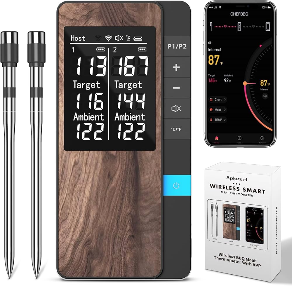 Termómetro de Carne Inalámbrico PRAVETTE – Multi-Sonda Digital Bluetooth con Sondas Ultra-Delgadas para BBQ, Horno, Parrilla y Ahumador