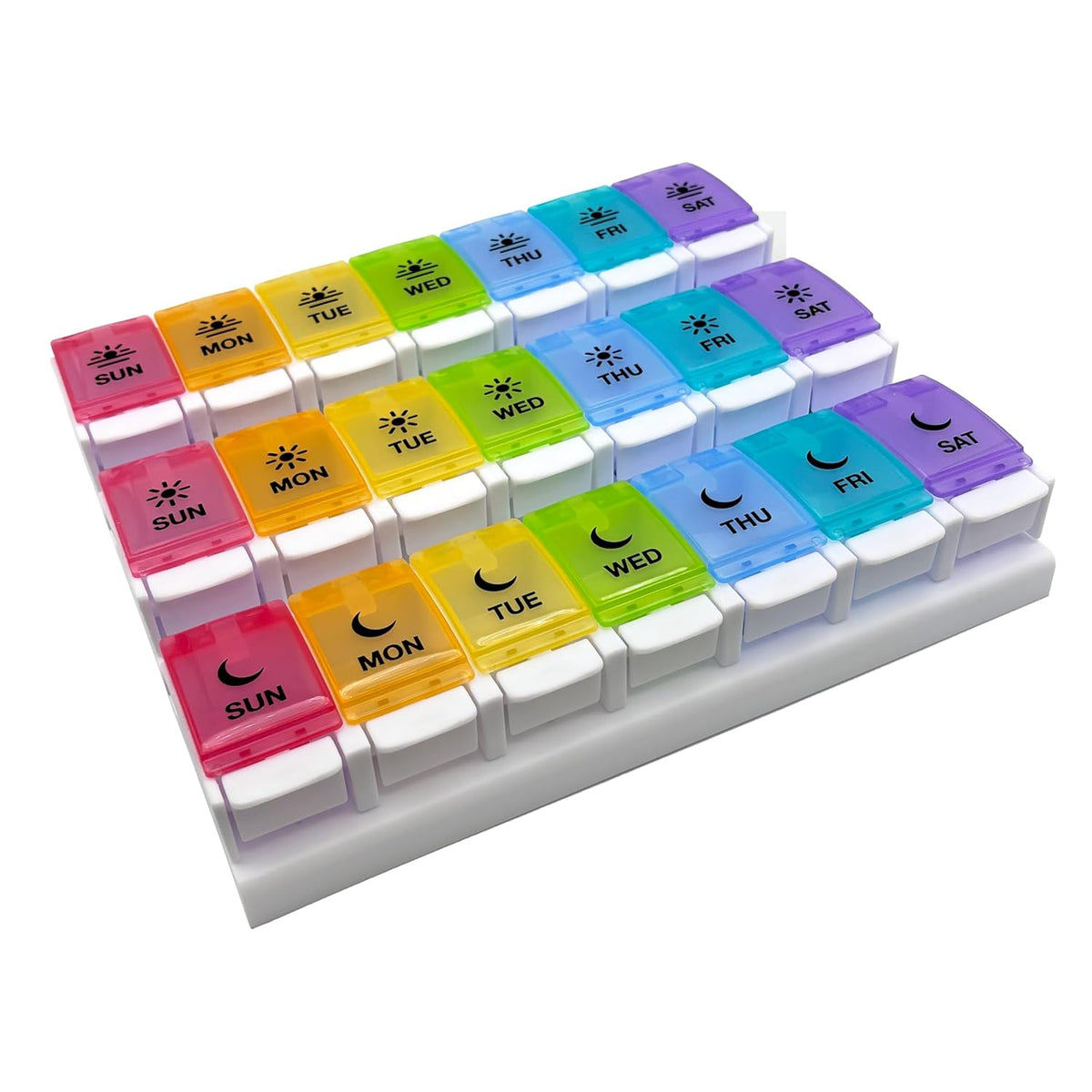 Pastillero semanal (7 días) EZY DOSE, organizador diario de medicamentos, contenedor organizador de vitaminas, compartimentos grandes con botón pulsador, fácil de usar, 3 veces al día, diseño de apertura rápida, tapas de colores del arcoíris, libre de BPA