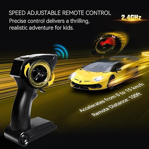 Coche teledirigido AEROQUEST Lamborghini, escala 1:14, Lamborghini SVJ, coche de juguete con licencia oficial, 15 km/h, con luz LED, modelo de 2,4 GHz para niños, niñas, adolescentes y adultos, regalo de cumpleaños, amarillo.