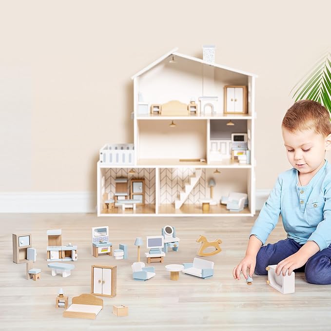 ROBUD Juego de muebles de madera para casa de muñecas, 23 piezas, accesorios para casa de muñecas, muebles en miniatura que incluyen 5 kits de habitación, muebles de casa de muñecas, juguetes de juego