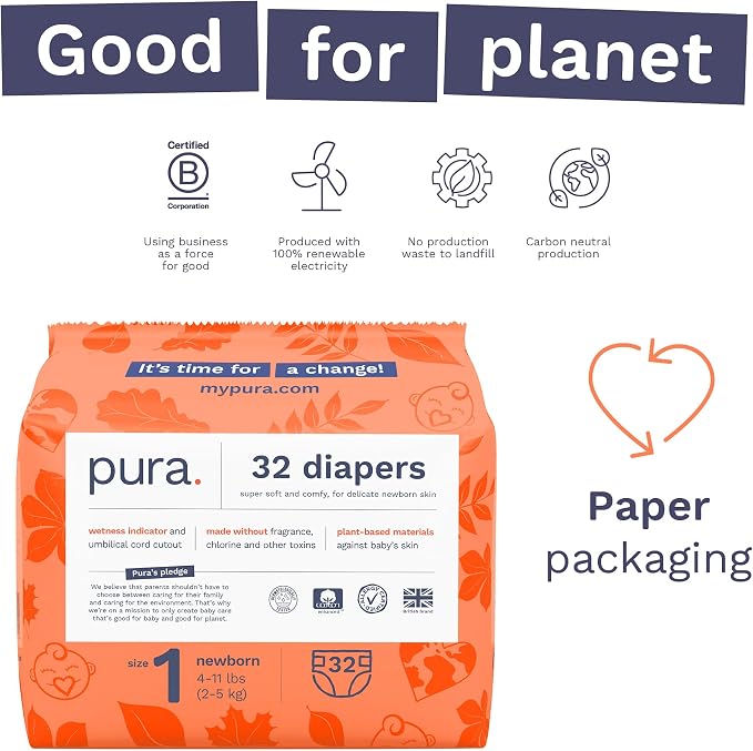 Pañales Hipoalergénicos Pura Talla 1 (4-11 lbs) — 96 Pañales (3 Packs x 32), Algodón Orgánico, Recién Nacido