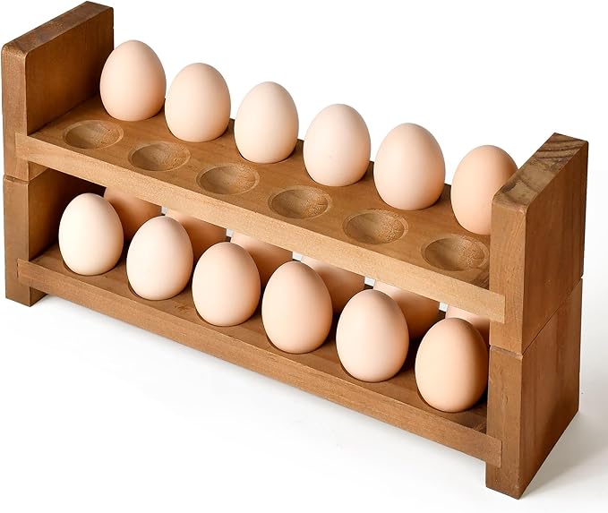 Bandeja de huevos de doble capa para encimera, cesta de almacenamiento apilable de madera para huevos, organizador de huevos de 2 niveles para refrigerador de cocina de granja