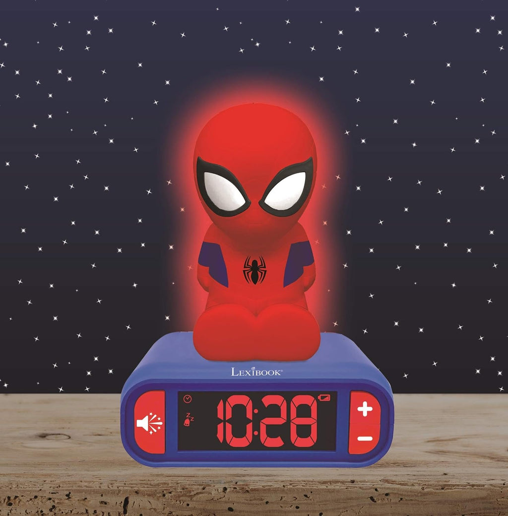 LEXiBOOK Reloj Despertador Digital Spider-Man | Luz Nocturna, Snooze y Efectos de Sonido Marvel | Niños | Azul