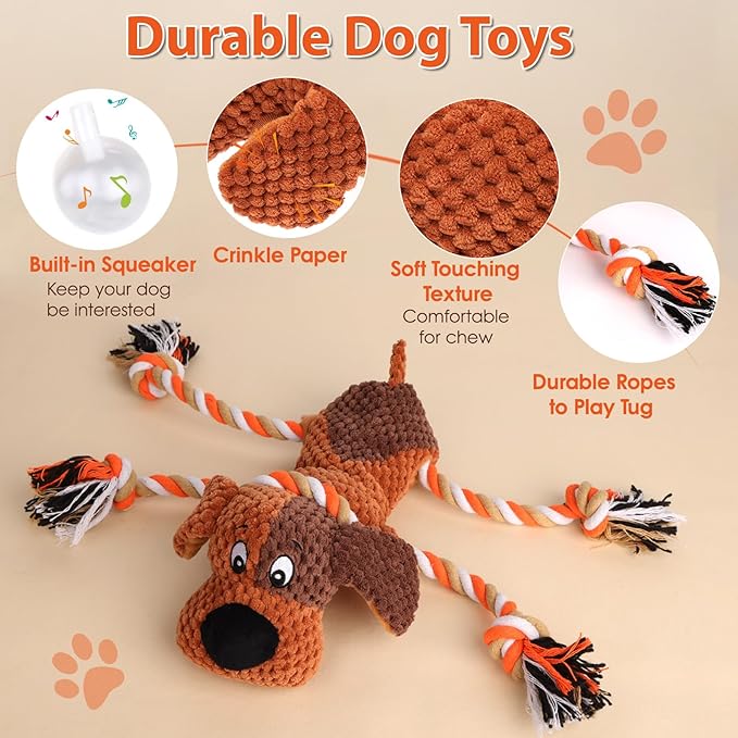 Juguetes de Peluche para Perros con Cuerda, Silbato y Papel Crujiente – Juguete Interactivo Chirriante para Masticar para Perros Grandes y Cachorros – Juguete Resistente para Mascotas para Tira
