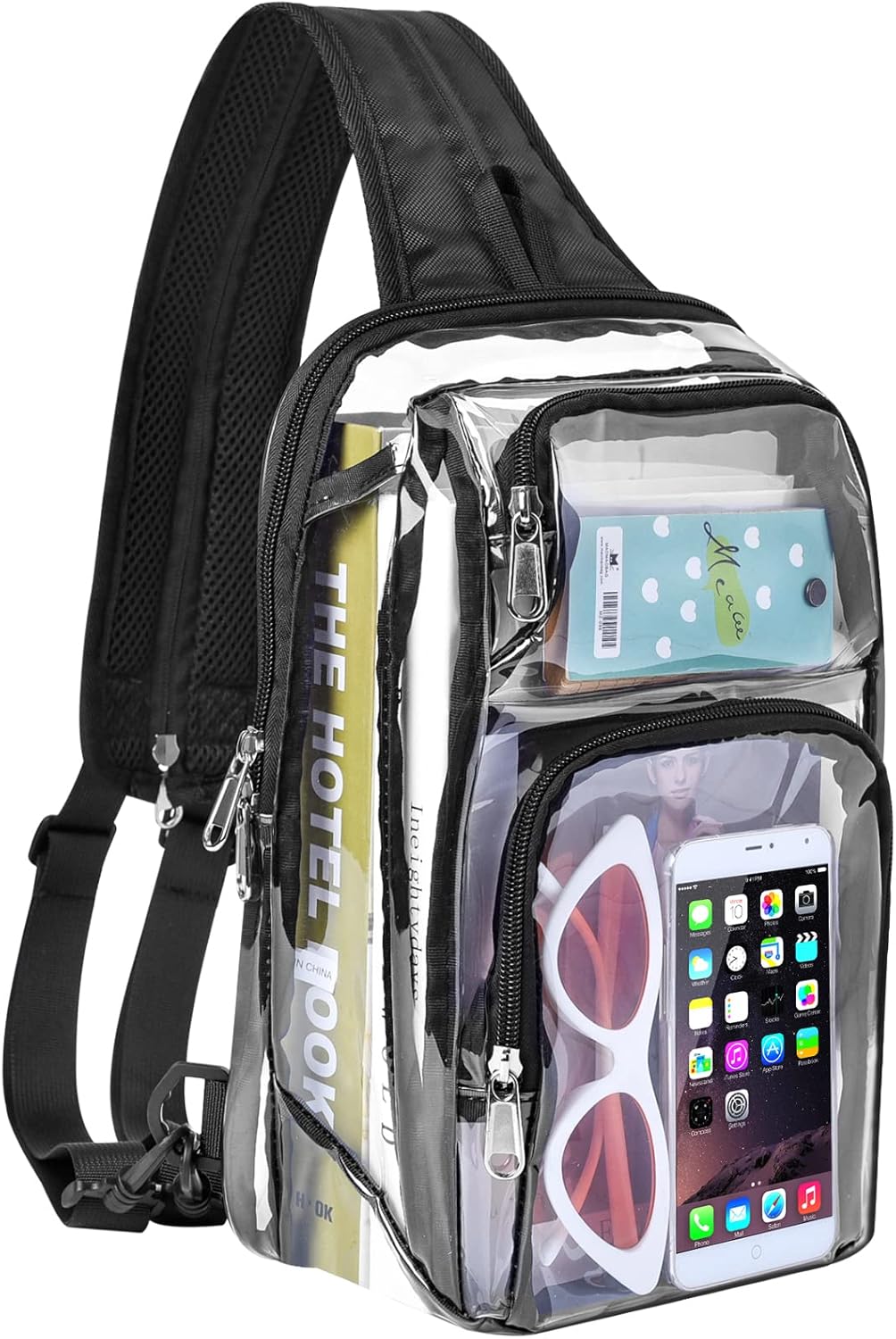 Busiuw Clear Backpack Stadium Approved with Adjustable Reinforced Straps, 3 in 1 Clear Crossbody Bag for Festivals and Games (Plus size)-Black