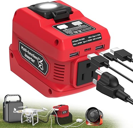 Inversor de Corriente 220W Compatible con Batería Milwaukee 18V – DC a AC 110V, USB, Type-C y Luz LED 400LM