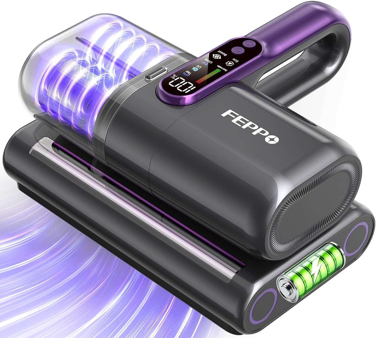 USADO-Aspiradora inalámbrica para colchones FEPPO, aspiradora de cama de 18 kPa con luz UV-C de 253,7 nm, ultrasónica, sensor de polvo y pantalla LED, aspiradora de mano de 52800 BPM para cama, sofá, sillón y cuna.