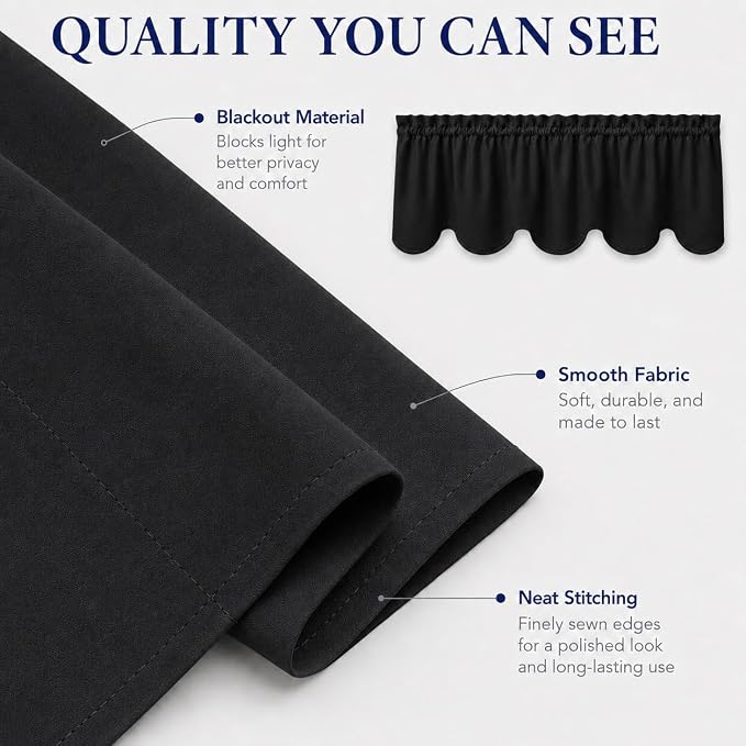 Aquazolax Cenefas Cortas Negras para Cocina, Par de Cortinas Cenefa con Bolsillo para Barra Opacas de Protección de Privacidad para Ventanas de Cocina/Baño/Sala de Estar, 52 Pulgadas de Ancho x 18