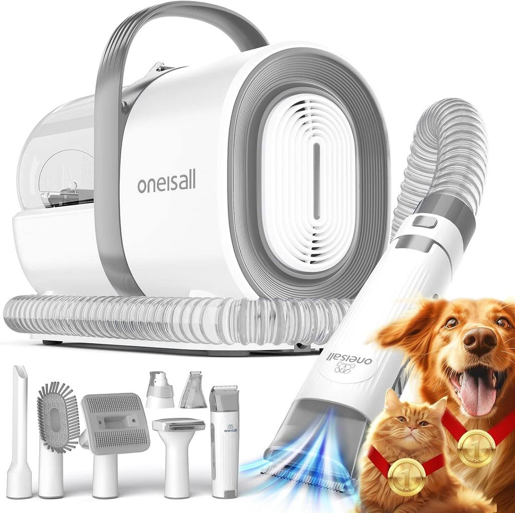 Aspiradora para el cuidado de perros Oneisall, aspiradora para mascotas con cortauñas y lima de uñas, depósito de polvo de 1,5 L, cepillo para eliminar el pelo suelto de perros con 7 accesorios para la limpieza del hogar (gris).