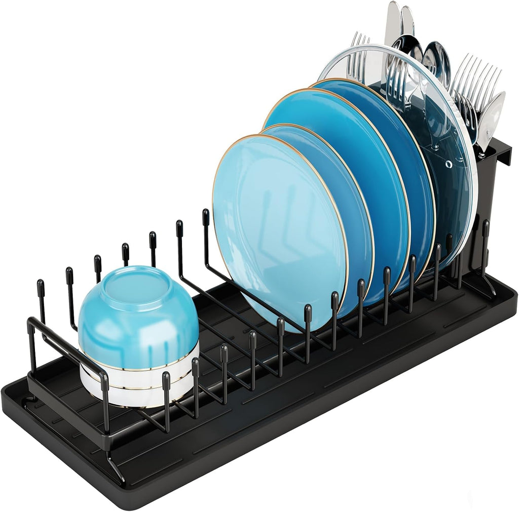 Escurridor de platos pequeño ANTOPY - Escurridor de platos compacto para encimera de cocina con alfombrilla de silicona para secar platos, escurridor de acero inoxidable para fregadero, soporte para platos y cubiertos que ahorra espacio