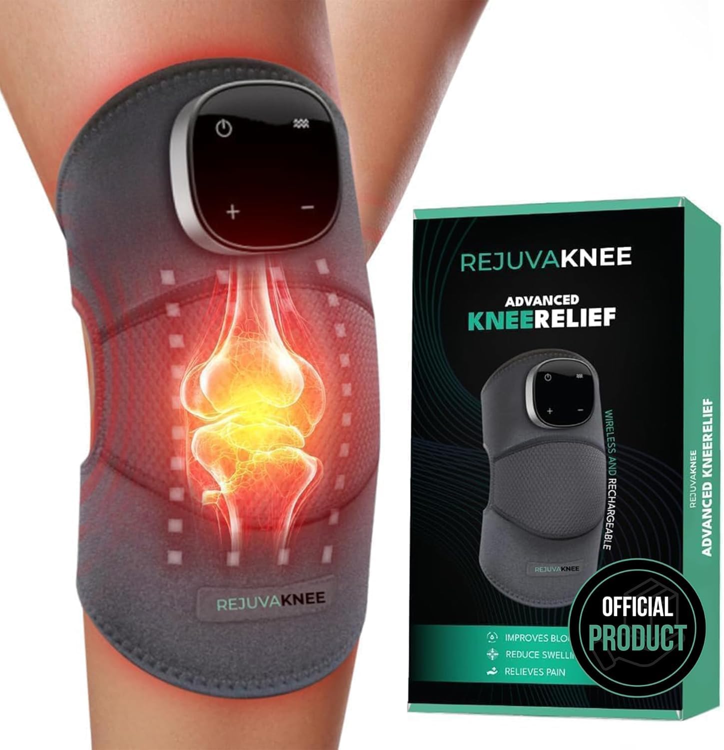 RejuvaKnee Masajeador de Rodilla Triple Acción – Calor Suave, Compresión Ajustable y Masaje para Confort Diario
