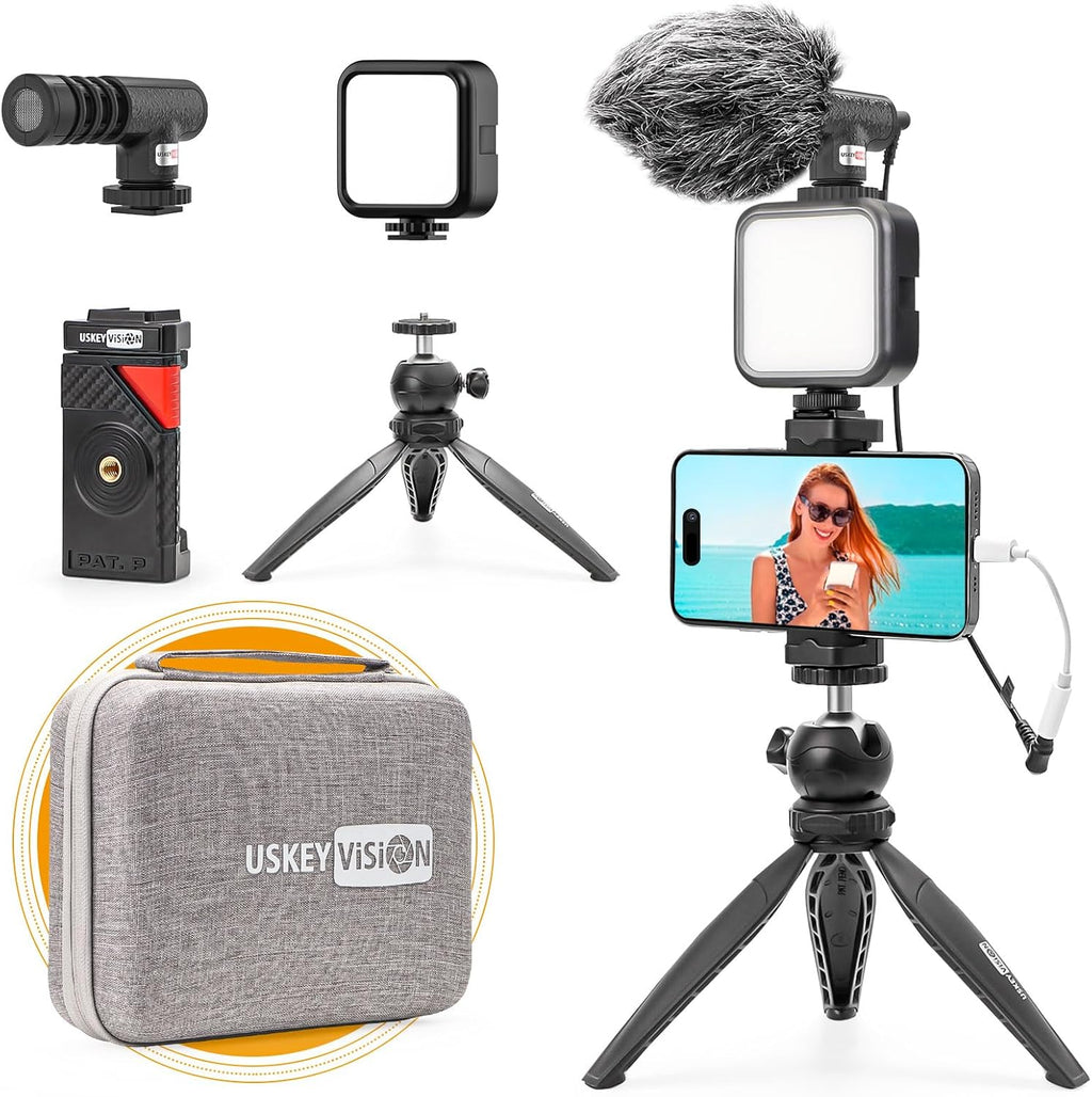 Kit de Vlogging para Smartphone USKEYVISION Vlog K2 | Micrófono, Luz y Trípode | iPhone y Android
