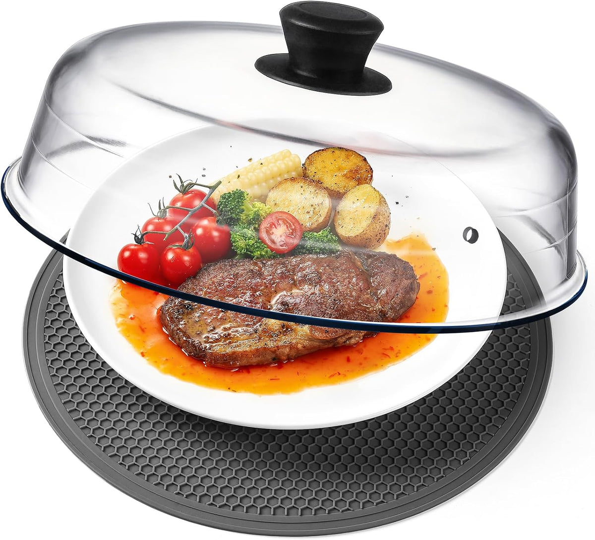 Cubierta de Vidrio 2 en 1 para Microondas | Tapa Antisalpicaduras y Mantel para Plato | Borosilicato con Asa de Silicona y Orificio de Ventilación | 25 cm