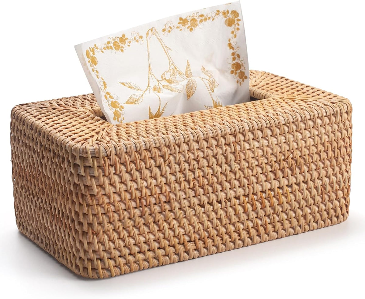 Funda de ratán para caja de pañuelos, soporte rectangular de mimbre para caja de pañuelos, soporte decorativo tejido para pañuelos faciales para baño, cocina, sala de estar, dormitorio (natural)