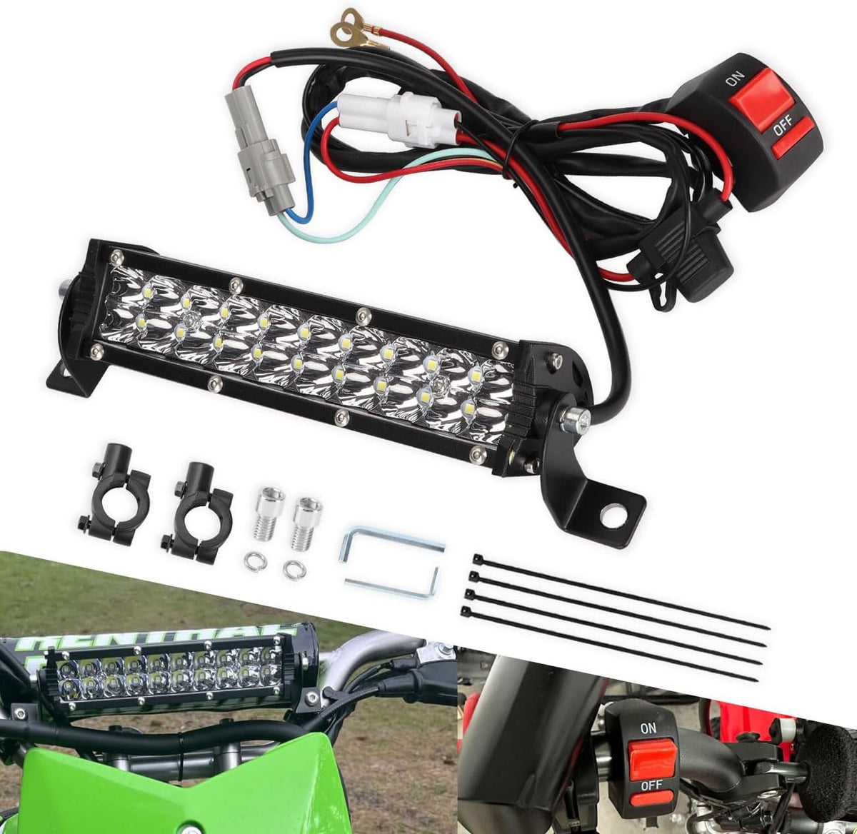Barra de luz LED para motocicleta e interruptor de encendido/apagado. Kit de faros para CRF110 CRF250F KLX110 TTR110 TTR110E RM85 YZF450. Kit de luz LED universal de 60 W para motocross, compatible con manillares de 7/8" (22 mm) (Plug and Play)