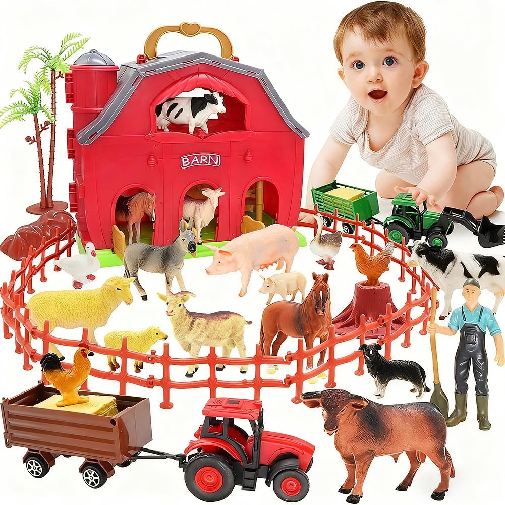 Set de Juego de Granja BOLZRA – Granero Rojo Grande con 14 Animales, Tractores y Agricultor, para Ninos de 1 a 5 Anos