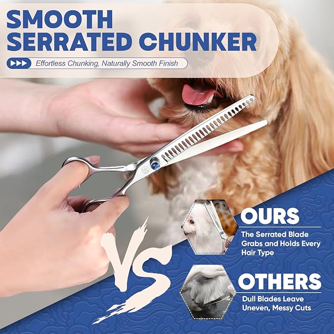 ULG Professional Dog Grooming Scissors 7.0” Straight Chunker Shear 65%-75% Thinning Rate 440C Japanese Stainless Steel Tension Adjustable Left & Right Handed Pet Grooming Shears
