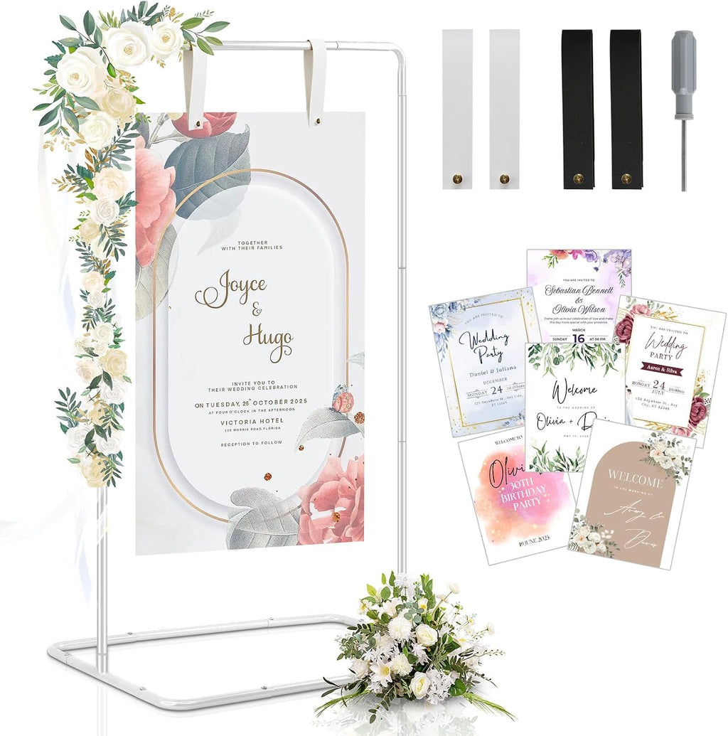 Las tarjetas de plantilla y el desatornillador NO están incluidos en este producto.-Soporte para letrero de bienvenida de boda, soporte para letrero de bienvenida a nuestra boda, elegante soporte de caballete blanco para letreros.