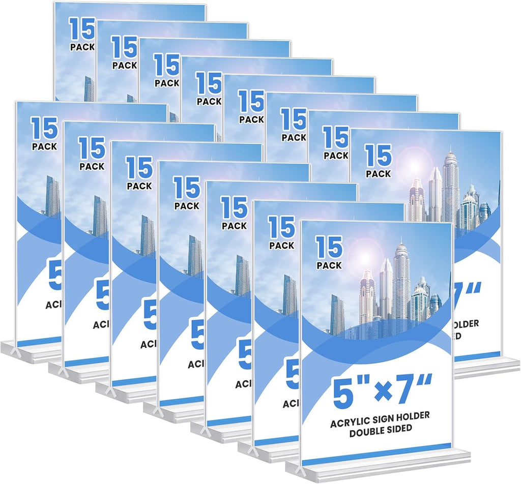 Soporte acrílico para letreros, 5x7, paquete de 15 unidades, expositor vertical transparente para menús de mesa, doble cara, soporte de plástico, adecuado para restaurantes, oficinas, tiendas y ferias.