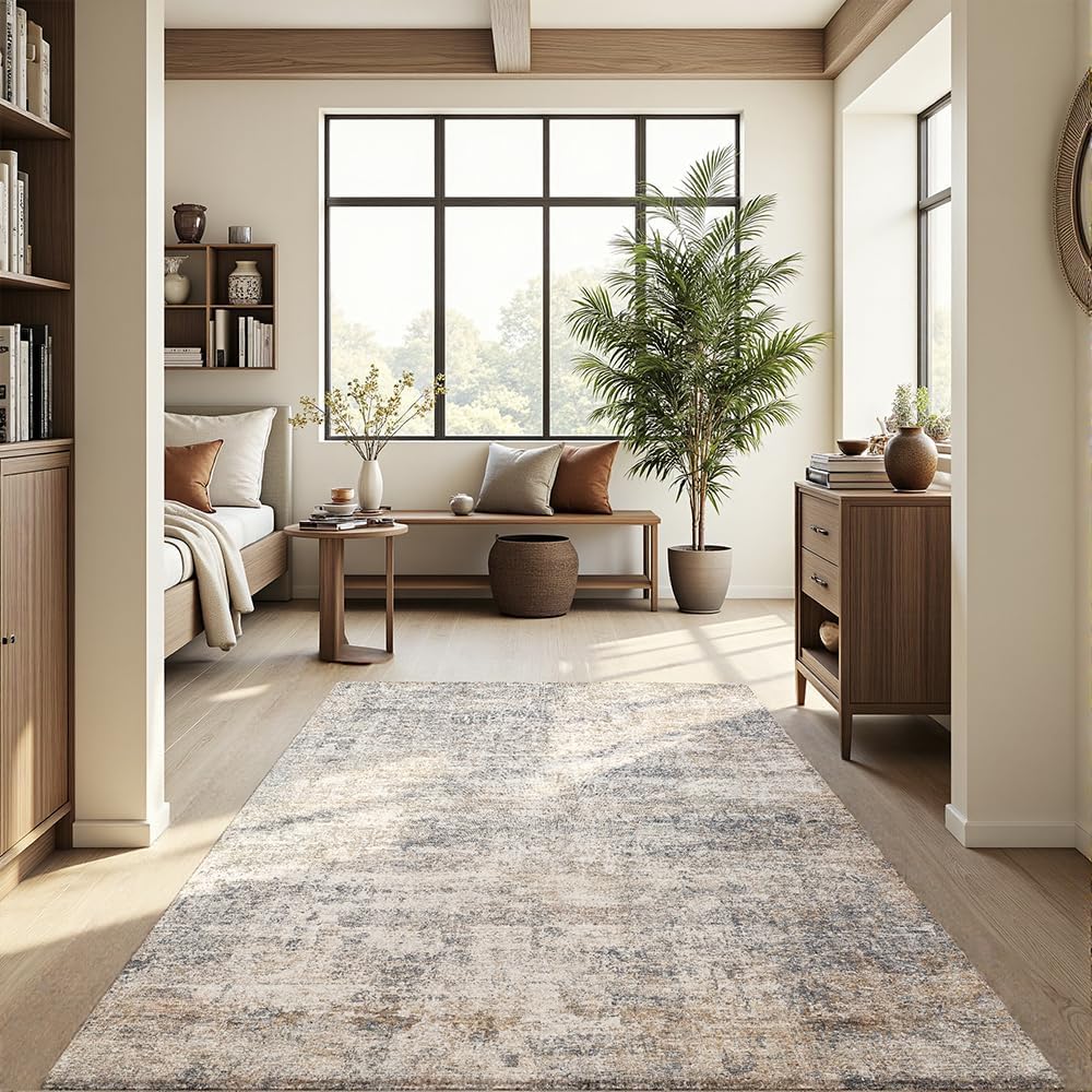 USADO Alfombra 122x183 cm Lavable | Gris y Beige para Sala, Comedor y Dormitorio | Antideslizante, No Suelta Pelusa | Estampado Vintage de Pelo Bajo