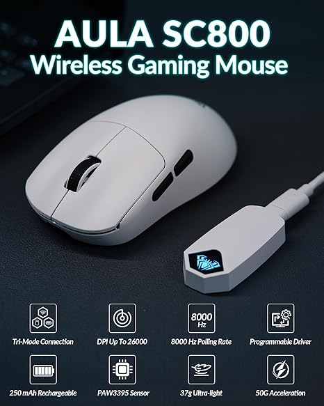 Mouse Gaming Inalámbrico AULA SC800 – 26000 DPI, 37g Ultra Ligero, Sensor PAW3395, 8KHz, Tri-Mode BT5.0/2.4G/USB-C, Color Blanco