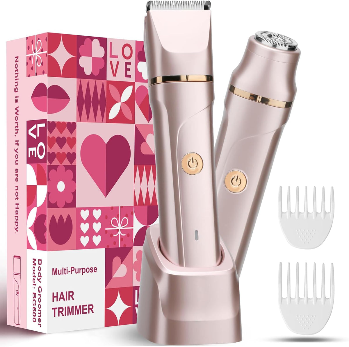 Depiladora Bikini VEGITERIA para Mujer 2 en 1 | Afeitadora Eléctrica para Vello Facial y Corporal, Zona Púbica, Axilas, Recargable, Impermeable IPX7, Oro Rosa