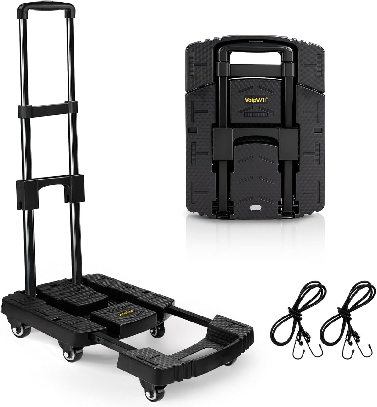 Carrito de Mano Plegable Voipvvii 500 lbs, 6 Ruedas, Carro Portatil de Carga Pesada con 2 Cuerdas Elasticas - Ideal para Mudanzas, Viajes y Transporte