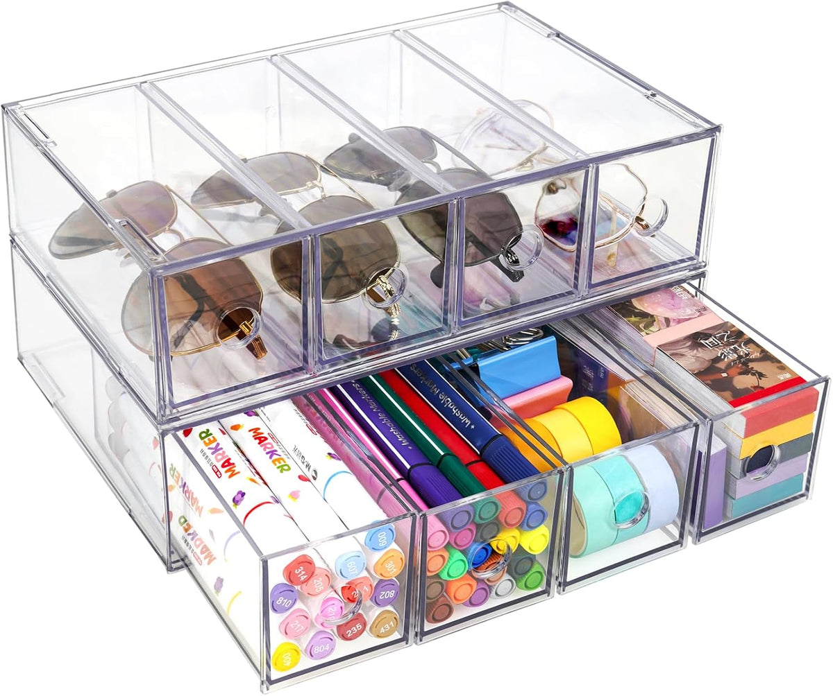 Organizador de Escritorio con 8 Cajones Transparentes – Set de 2, Apilable, Cajones Removibles