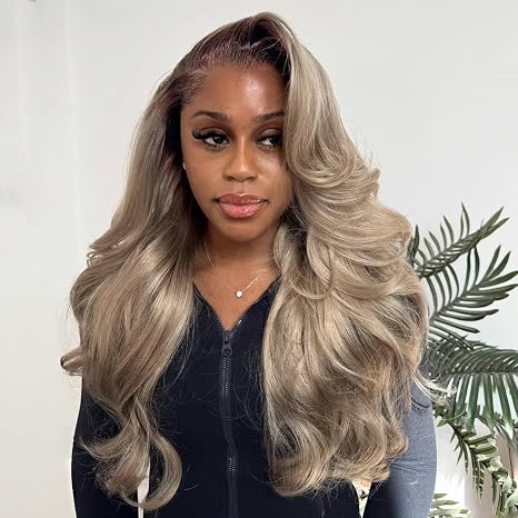 Peluca Lace Front Ombre Rubio Ceniza Claro | Cabello Humano 210% Densidad | Raíces Marrones Té con Leche