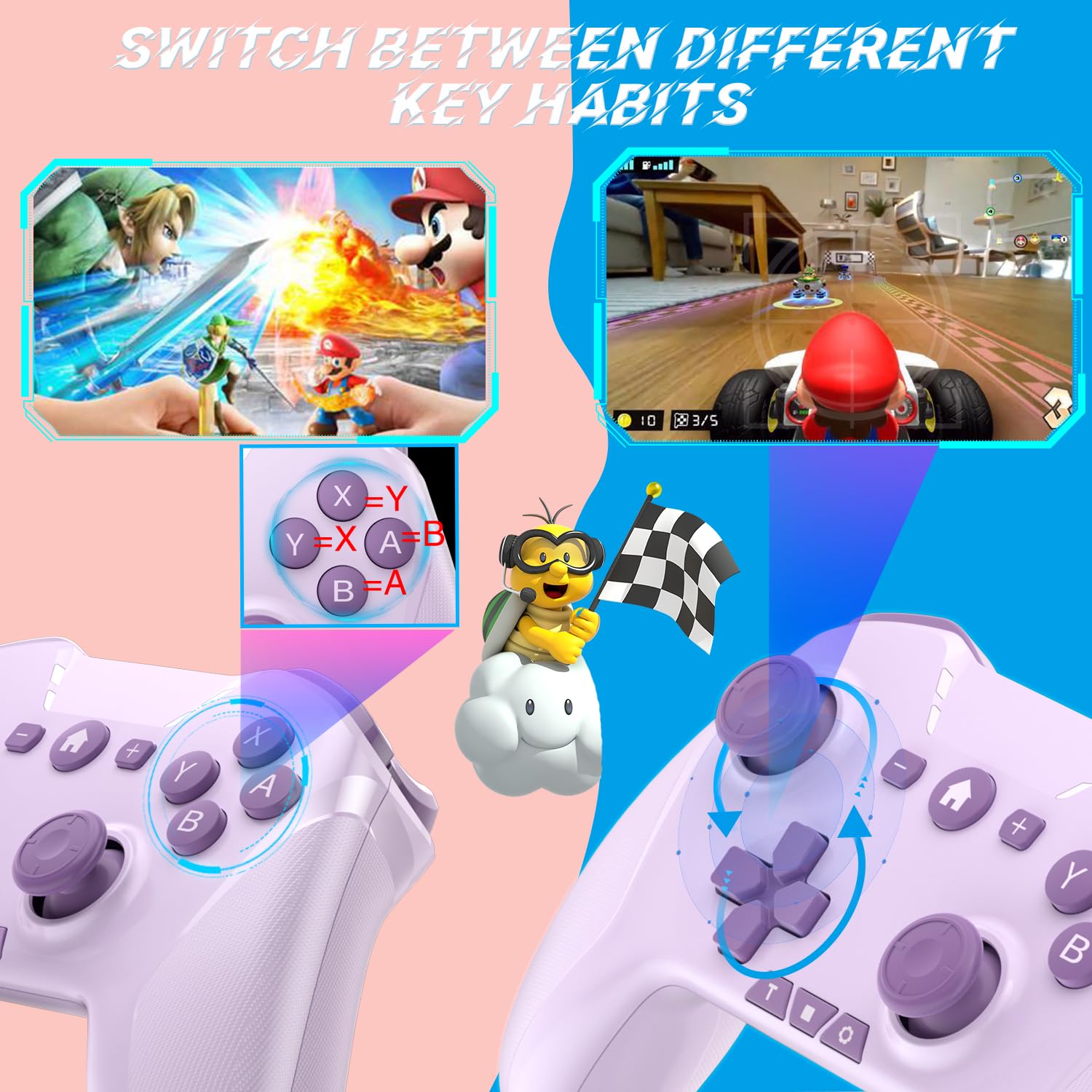 Controlador Bluetooth para Switch/Mac/PC/Steam/Teléfono móvil/iOS/Android/TV/iPad/Table/Juegos MFi de Apple Arcade, controlador inalámbrico Switch Pro con movimiento dual ajustable, Turbo, macros, 6 ejes,.