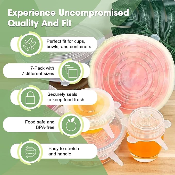 Tapas elásticas de silicona reutilizables para almacenamiento de alimentos – Cubiertas elásticas para tazones que se ajustan a contenedores redondos y rectangulares, frascos, tazas