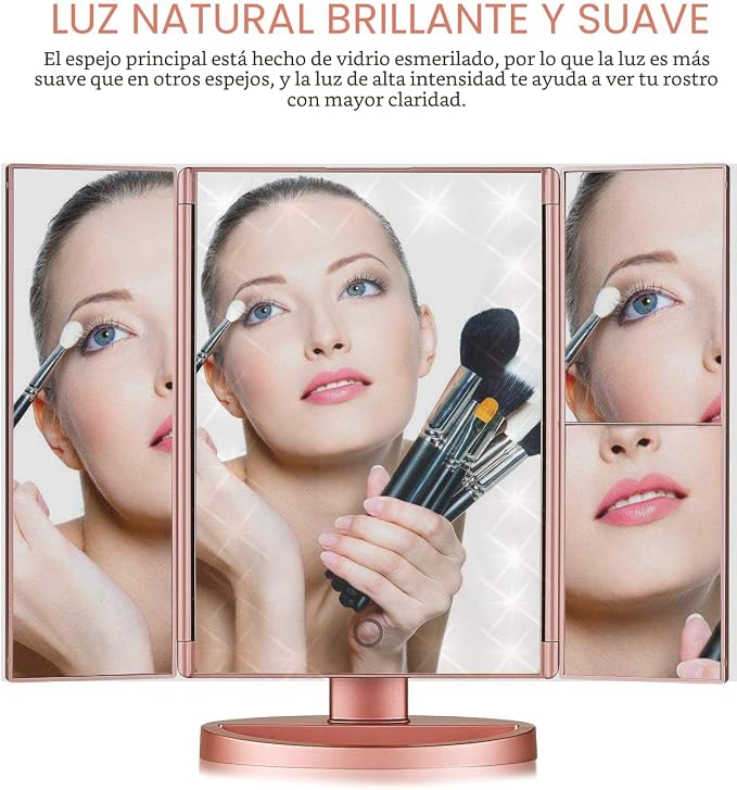 Infitrans Espejo de Maquillaje Trifold con Luces LED – Aumento 1X 2X 3X, Control Táctil, Rotación Ajustable, Doble Fuente de Poder, Portátil