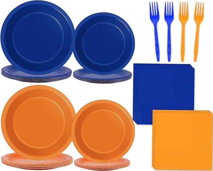 Wiooffen 96 platos de fiesta de cumpleaños naranja y azul, servilletas, suministros de fiesta de guerra de dardos, vajilla desechable de papel naranja y azul para decoración de baby shower, fiesta de cumpleaños, 24 invitados — SON 3 COLORES, VER FOTOS