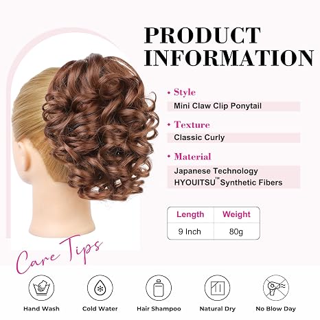 REECHO Extensión de cola de caballo, clip de garra de 9" en extensión de cabello rizado y ondulado corto, clip de mandíbula en coleta HP001, pieza de cabello para mujeres - Cobre oscuro