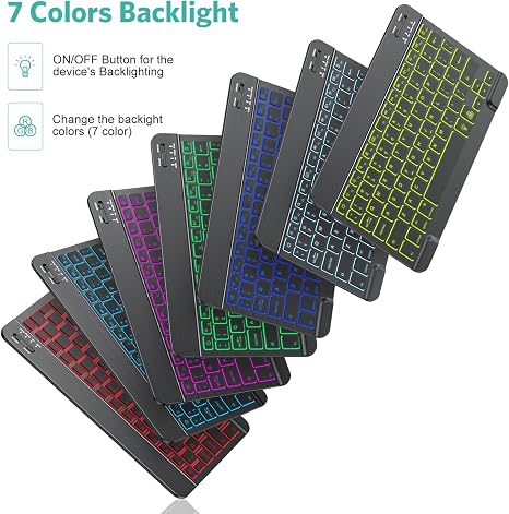 Teclado y Mouse Bluetooth TECURS para iPad — Recargable, Retroiluminación 7 Colores, Negro, Compatible iPad y iPhone
