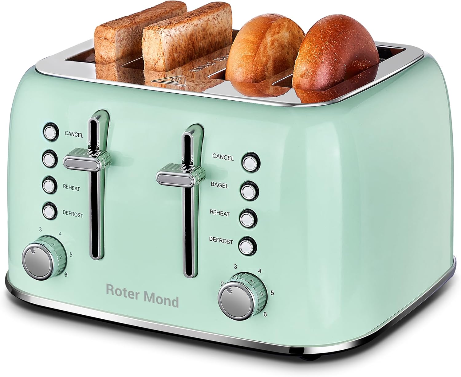 Roter Mond Retro Toaster 4-Slice - 1.5" Extra-Wide Slots - 6 Browning Levels - Dual Independent Panels - Bagel, Defrost, Reheat & Cancel - Removable Crumb Tray - Aqua Green