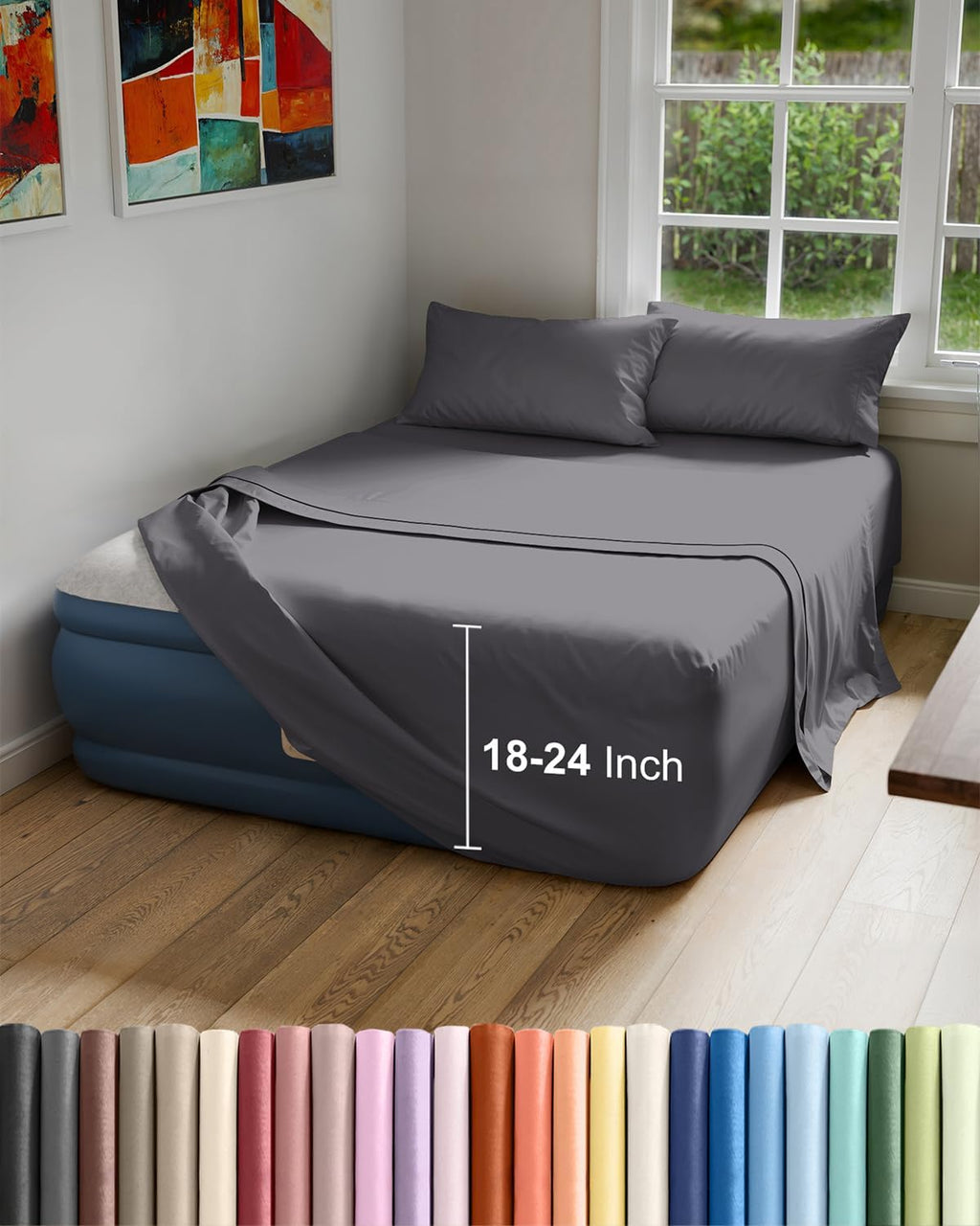 VERIFICAR EL COLOR EN LA FOTO REAL-Juego de Sabanas para Colchon de Aire Tamano Queen | 4 Piezas Transpirables y Frescas con Bolsillos Extra Profundos | para Colchones Inflables hasta 24 Pulgadas.